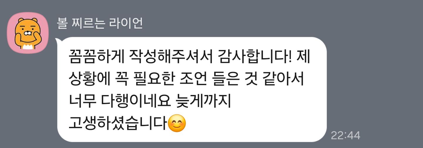 꼭 필요한 조언이었어요 — 내담자님께서 보내 주신 후기 원본